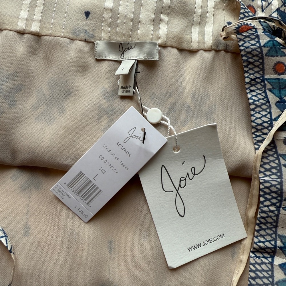 NWT JOIE Rosenda Silk Tank Blouse Aztec‎ Print Cream Blue Metallic Threads L NWT - Picture 13 of 17
